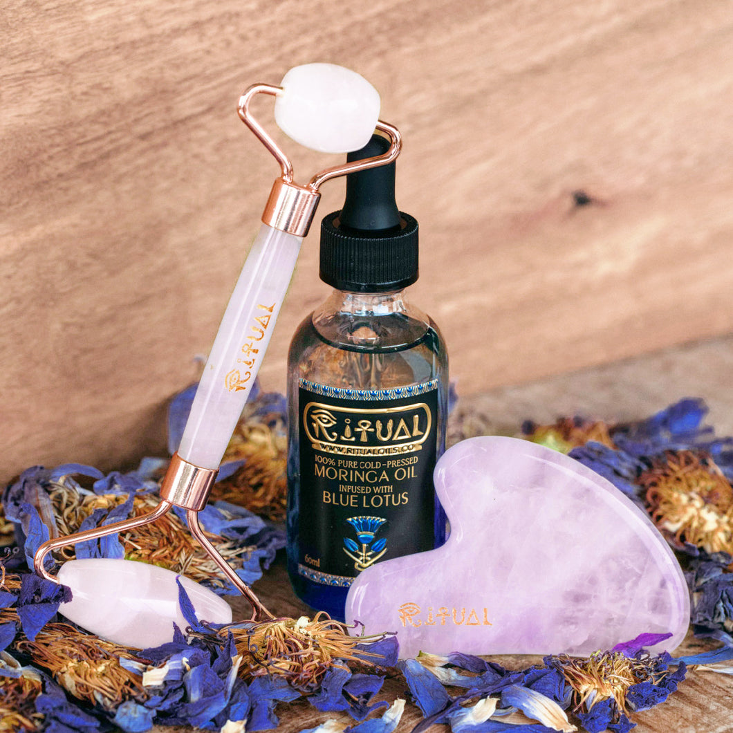 Rose Quartz Face Roller, Gua Sha & Ritual Oils Set