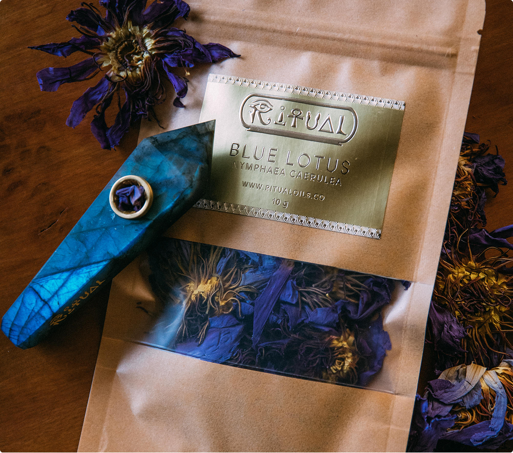 Complete Labradorite pipe ritual kit with Blue Lotus flowers