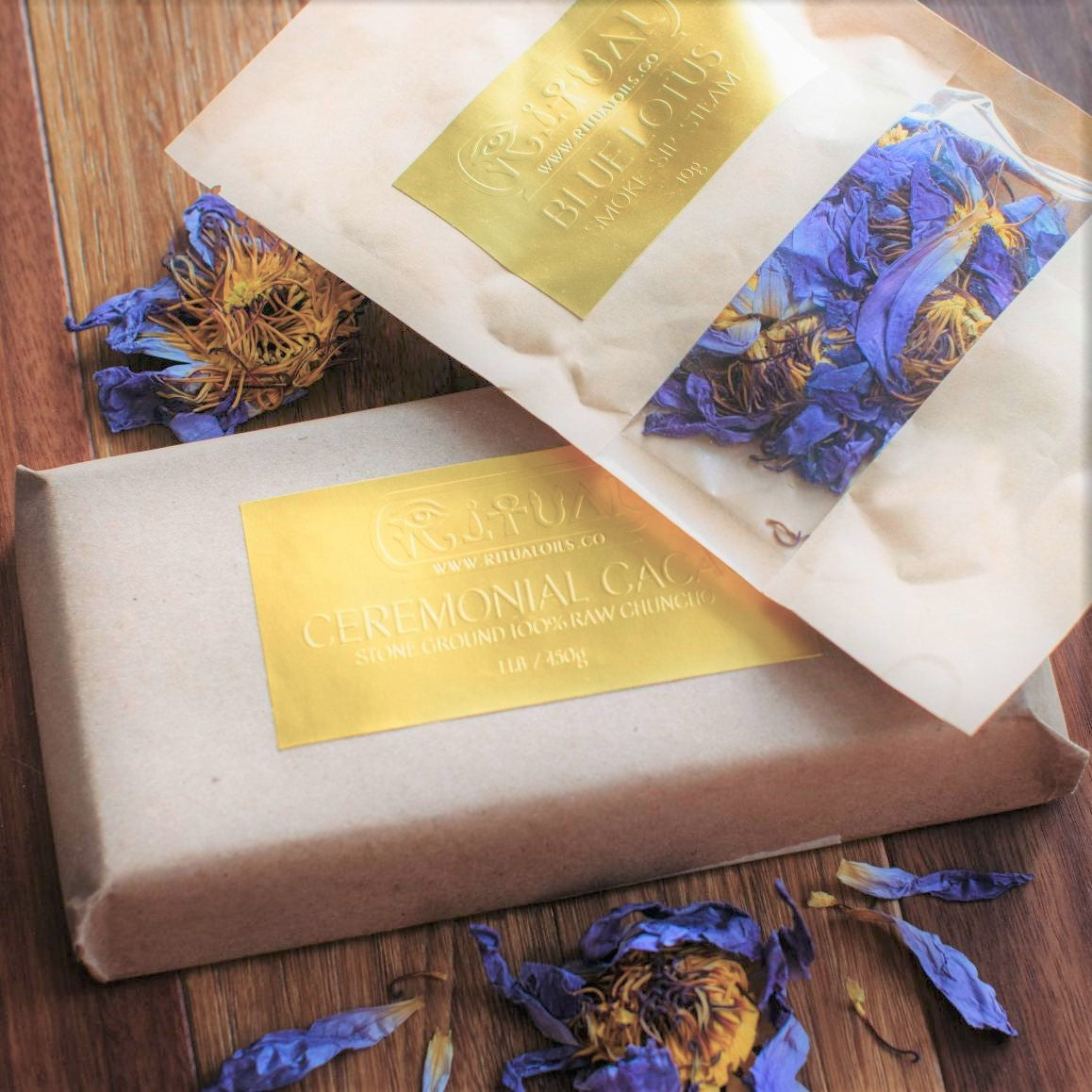 1 LB Ceremonial Cacao Block + 1 Pack of Blue Lotus Flowers