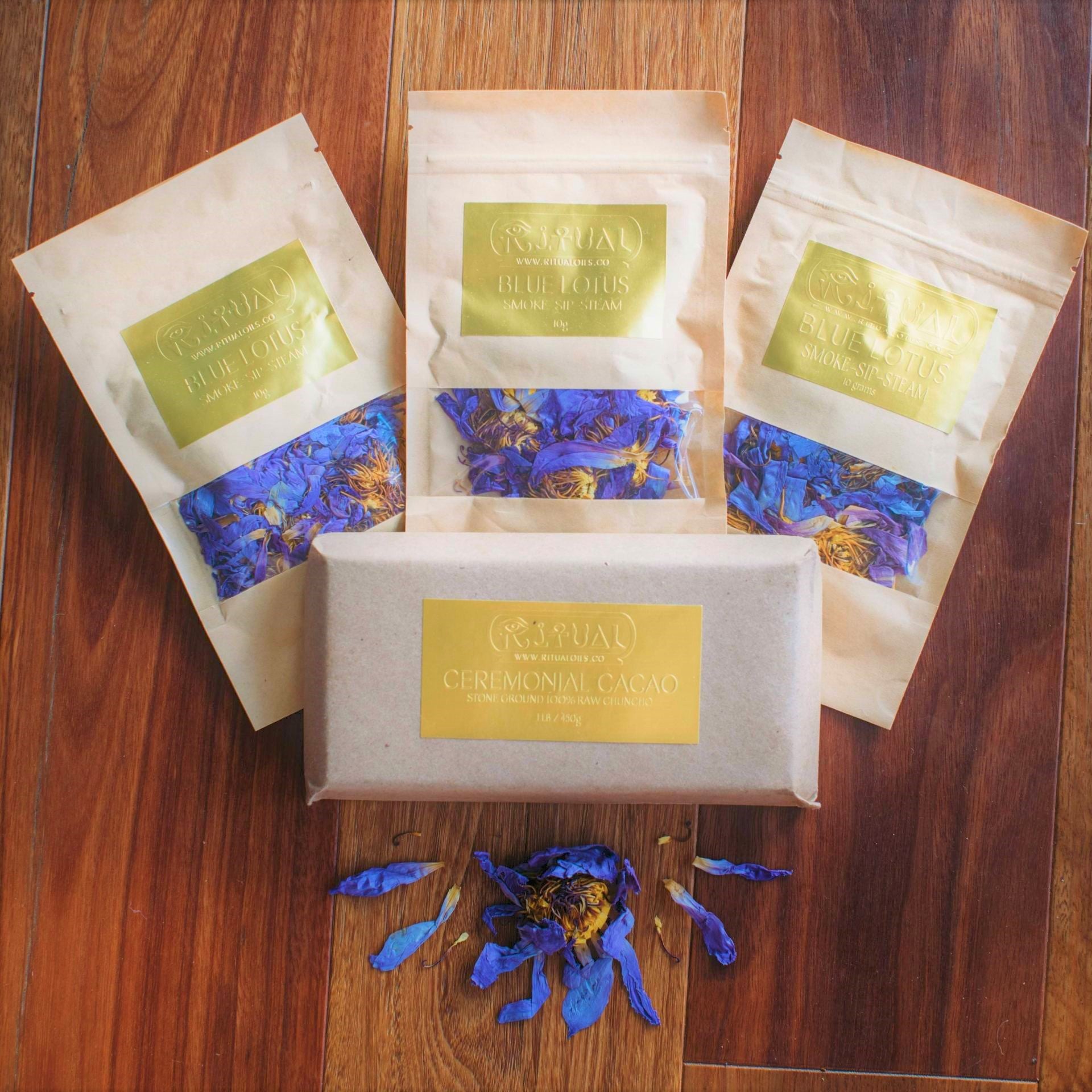 1 LB Ceremonial Cacao Block + 3 Packs of Blue Lotus Flowers - Save 9%